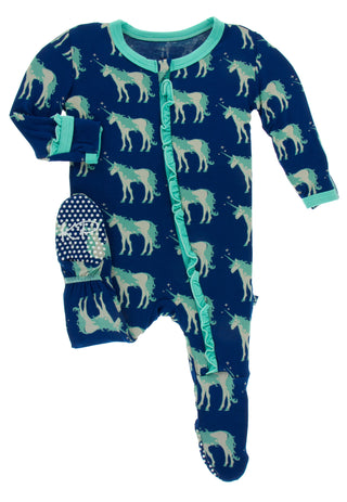 KicKee Pants Flag Blue Unicorns Classic Ruffle Footie with Zipper, KicKee Pants, Classic Ruffle Footie, Classic Ruffle Footie with Zipper, CM22, Els PW 5060, Footie with Zipper, KicKee, KicKe