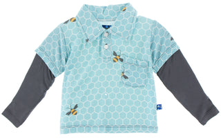 KicKee Pants Glacier Honeycomb Print Long Sleeve Double Layer Polo, KicKee Pants, Boys, Boys Clothing, Boys Shirt, cf-size-2t, cf-size-4t, cf-type-sale, cf-vendor-kickee-pants, CM22, Cyber Mo