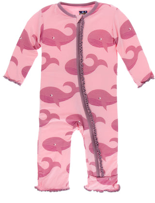 KicKee Pants Lotus Whales Muffin Ruffle Coverall with zipper for 12-18 months, featuring whale and lotus print, soft and comfortable fabric.