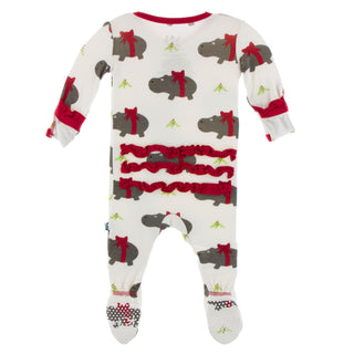 KicKee Pants Natural Christmas Hippo Classic Ruffle Footie with Zipper, KicKee Pants, All Things Holiday, Christmas, Christmas Footie, Christmas Pajama, Christmas Pajamas, Classic Ruffle Foot