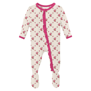 KicKee Pants natural rose trellis ruffle footie with zipper, soft fabric, and cute ruffle details for baby.
