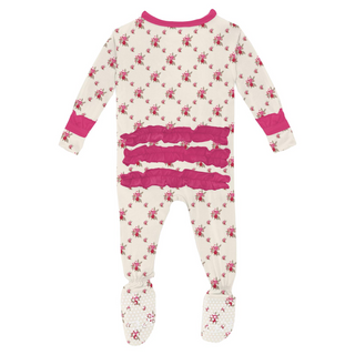 KicKee Pants natural rose trellis classic ruffle footie with zipper for babies, featuring a soft fabric and floral pattern.