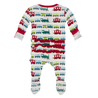 KicKee Pants Natural Toy Train Classic Ruffle Footie with Zipper, KicKee Pants, All Things Holiday, cf-size-0-3-months, cf-type-footie, cf-vendor-kickee-pants, Christmas, Christmas Footie, Ch