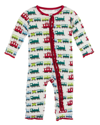 KicKee Pants Natural Toy Train Muffin Ruffle Coverall with Zipper, KicKee Pants, All Things Holiday, Christmas, Christmas Coverall, Christmas Pajama, Christmas Pajamas, Coverall, Coverall wit