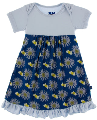 KicKee Pants Navy Cornflower and Bee S/S One Piece Dress Romper, KicKee Pants, Botany, cf-size-6-12-months, cf-type-dress-romper, cf-vendor-kickee-pants, CM22, Dress Romper, Els PW 5060, KicK
