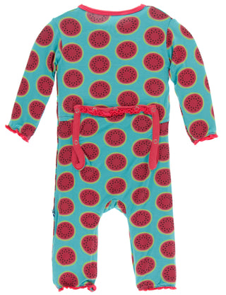KicKee Pants Neptune Watermelon Muffin Ruffle Coverall with Zipper, KicKee Pants, Botany, CM22, Coverall, Coverall with Zipper, Coveralls, Els PW 5060, Fitted Coverall, KicKee, KicKee Botany,