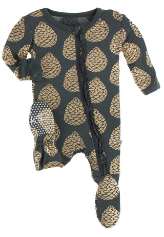 KicKee Pants Pewter Pinecones Muffin Ruffle Footie with Zipper, KicKee Pants, All Things Holiday, Christmas, Christmas Footie, Christmas Pajama, Christmas Pajamas, KicKee, KicKee Pants, KicKe