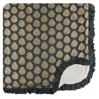 KicKee Pants Pewter Pinecones Sherpa-Lined Double Ruffle Throw Blanket with cozy fleece and ruffled edges in a pinecone pattern.