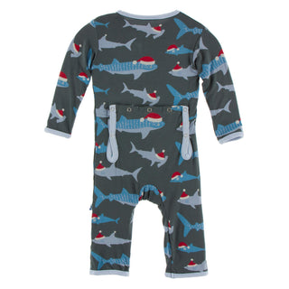 KicKee Pants Pewter Santa Sharks Coverall with Zipper, KicKee Pants, All Things Holiday, Christmas, Christmas Coverall, Christmas Pajama, Christmas Pajamas, CM22, Coverall, Coverall with Zipp