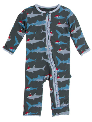 KicKee Pants Pewter Santa Sharks Muffin Ruffle Coverall with Zipper, KicKee Pants, All Things Holiday, Christmas, Christmas Coverall, Christmas Pajama, Christmas Pajamas, Coverall, Coverall w