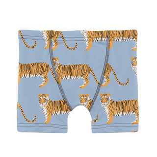 KicKee Pants boys' Pond Tiger boxer briefs featuring a playful tiger print in soft, comfortable fabric.