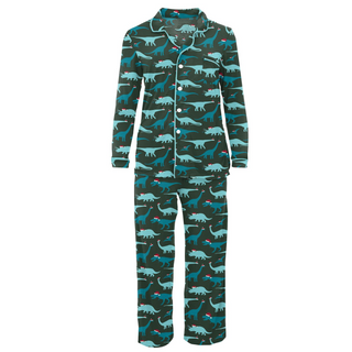 KicKee Pants Santa Dinos Women's L/S Collared Pajama Set, KicKee Pants, All Things Holiday, CM22, Jolly Holiday Sale, KicKee, KicKee Pants, KicKee Pants Winter Celebrations 2021, KicKee Pants