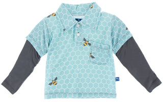 KicKee Pants Glacier Honeycomb Print Long Sleeve Double Layer Polo, KicKee Pants, Boys, Boys Clothing, Boys Shirt, cf-size-2t, cf-size-4t, cf-type-sale, cf-vendor-kickee-pants, CM22, Cyber Mo