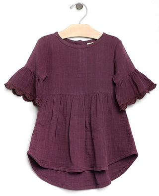 City Mouse Lace Flutter Sleeve Muslin L/S Dress-Fig, City Mouse, City Mouse, city mouse baby clothes, City Mouse Clothing, City Mouse Dress, City Mouse Fig, City Mouse Fig Lace Flutter Sleeve