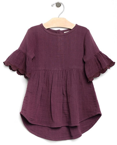 City Mouse Lace Flutter Sleeve Muslin L/S Dress-Fig, City Mouse, City Mouse, city mouse baby clothes, City Mouse Clothing, City Mouse Dress, City Mouse Fig, City Mouse Fig Lace Flutter Sleeve