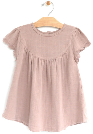 City Mouse Lace Flutter Sleeve Muslin S/S Dress - Dusty Mauve, City Mouse, City Mouse, city mouse baby clothes, City Mouse Clothing, City Mouse Dress, City Mouse Dusty Mauve, City Mouse Dusty