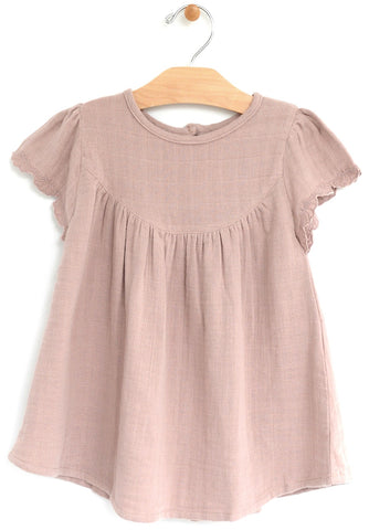 City Mouse Lace Flutter Sleeve Muslin S/S Dress - Dusty Mauve, City Mouse, City Mouse, city mouse baby clothes, City Mouse Clothing, City Mouse Dress, City Mouse Dusty Mauve, City Mouse Dusty