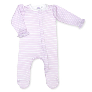 Lavender Bow Lilac Stripe Ruffle Footie, Lavender Bow, cf-size-3-months, cf-size-6-months, cf-size-newborn, cf-type-footie, cf-vendor-lavender-bow, Footie, Footie with Zipper, Lavender Bow, L