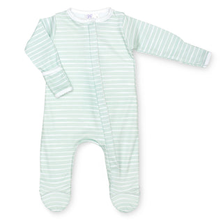 Lavender Bow Sage Stripe Classic Footie, Lavender Bow, cf-size-3-months, cf-size-6-months, cf-size-newborn, cf-type-footie, cf-vendor-lavender-bow, Footie, Footie with Zipper, Gender Neutral,