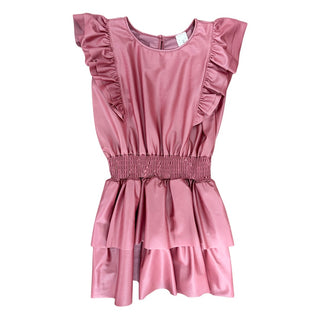 Little Mass Tru Luv mauve ruffle sleeve dress with elastic waist and ruffle hem, styled as a casual, feminine skirt dress.