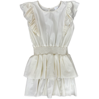 Little Mass Tru Luv off-white ruffle sleeve elasticized waist dress with a flowing ruffle skirt and stylish design.