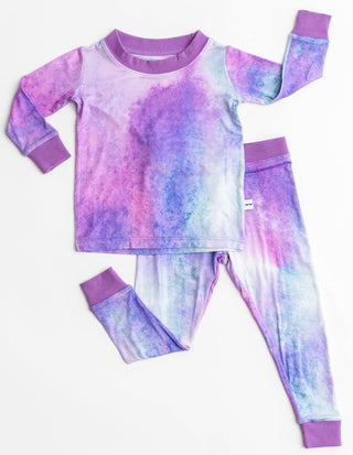 Little Sleepies purple watercolor bamboo 2-piece pajama set for 12-18 months, featuring soft fabric and playful watercolor print.