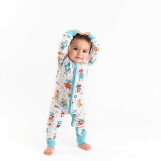 Little Sleepies Robots convertible romper pajama for newborns featuring colorful robot print and soft fabric.