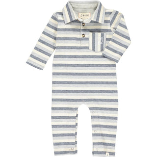 Me & Henry Grey & Navy Rib Stripe Franklin L/S Polo Romper, Me & Henry, Boys Clothing, Infant Boy Clothing, JAN23, Long Sleeve Romper, Me & Henry, Me & Henry Fall 2021, Me & Henry Grey & Navy