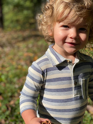 Me & Henry Grey & Navy Rib Stripe Franklin L/S Polo Romper, Me & Henry, Boys Clothing, Infant Boy Clothing, JAN23, Long Sleeve Romper, Me & Henry, Me & Henry Fall 2021, Me & Henry Grey & Navy