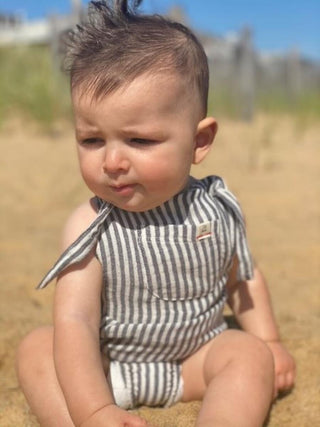 Me & Henry Reef Knotted Bubble in Black & White Stripe Gauze, Me & Henry, Boy Bubble Romper, Boys Clothing, Bubble Romper, cf-size-3-6-months, cf-size-6-9-months, cf-type-romper, cf-vendor-me