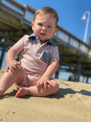 Me & Henry Saltash Polo Romper in Pink & White Stripe, Me & Henry, Boys Clothing, Infant Boy Clothing, JAN23, Me & Henry, Me & Henry Pink & White Stripe, Me & Henry Polo Romper, Me & Henry Sa