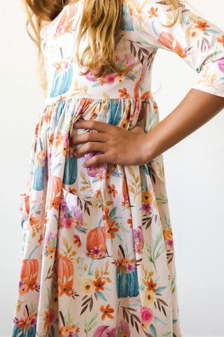 Mila & Rose Harvest Blooms 3/4 Sleeve Pocket Twirl Dress, Mila & Rose, cf-size-2t, cf-size-3t, cf-vendor-mila-&-rose, CM22, Fall, Halloween, Mila & Rose, Mila & Rose Harvest Blooms, Mila & Ro