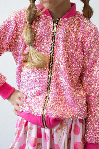 Mila & Rose hot pink sequin jacket showing a shiny, stylish outerwear piece with sequined embellishments.
