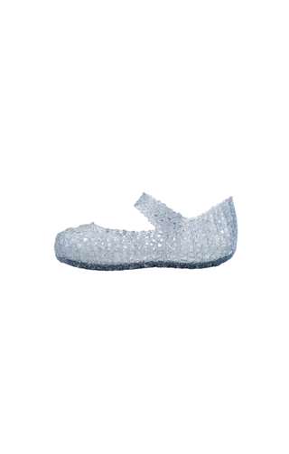 Mini Melissa Mini Campana Papel glitter clear shoes with transparent straps and colorful paper accents, perfect for stylish kids.