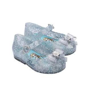 Mini Melissa Mini Sweet Love + Princess BB Elsa glitter blue shoes for kids, featuring shiny blue and princess-themed design.