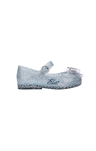 Mini Melissa Mini Sweet Love + Princess BB Elsa glitter blue shoes for girls, featuring a cute princess design and vibrant blue color.
