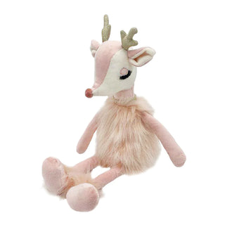 Soft pink reindeer stuffed animal by Mon Ami, featuring plush fabric and adorable antlers, perfect for cuddling.