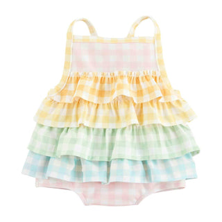 Mud Pie Gingham Ruffle One Piece Swimsuit featuring a classic gingham pattern and ruffle details for a stylish beach look.