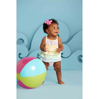 Mud Pie Gingham Ruffle One Piece Swimsuit featuring a classic gingham pattern and ruffle details, perfect for beach or pool.