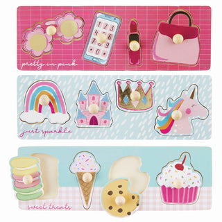 Mud Pie Girly Knob Wooden Puzzle toy featuring colorful, shaped wooden pieces suitable for children’s play and learning.