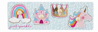 Mud Pie Girly Knob Wooden Puzzle featuring colorful unicorn design, ideal for children's toys and early learning activities.
