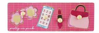 Mud Pie Girly Knob Wooden Puzzle toy featuring colorful, handcrafted wooden pieces with a purse design, ideal for children's play.