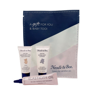 Noodle & Boo Mama & Baby sample pack with bath and body products, featuring soft, gentle lotions and cleansers for sensitive skin.
