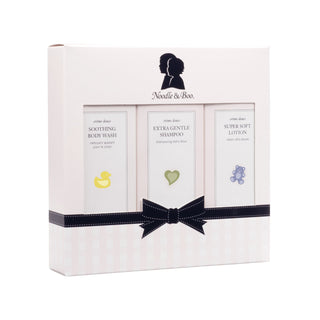 Noodle & Boo Baby Bath & Body Starter Gift Set with gentle skincare products for newborns, including lotion, shampoo, and body wash.