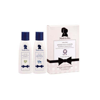 Noodle & Boo Sweetly Clean Kit for bath and body, includes gentle cleanser, moisturizer, and skincare products for children.