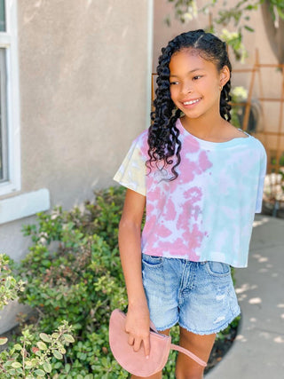 Paper Flower Multi-Color Tie Dye S/S Crop Tee, Paper Flower, CM22, Crop Tee, JAN23, Paper Flower, Paper Flower Multi-Color Tie Dye S/S Crop Tee, Tee - Basically Bows & Bowties