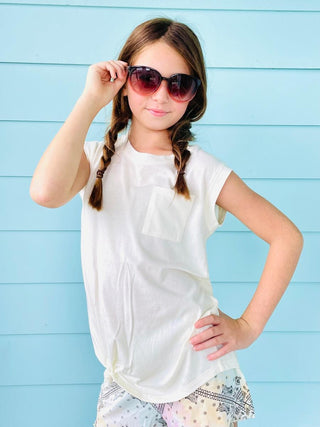Paper Flower Side Tie Pocket Tank - Marshmallow, Paper Flower, cf-size-large-12, cf-size-xlarge-14, cf-type-tee, cf-vendor-paper-flower, CM22, Flower Tank, Girls Tank Top, JAN23, Paper Flower