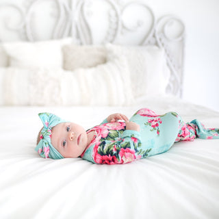 Posh Peanut Aqua Floral Knotted Gown, Posh Peanut, Baby, Infant, Knotted Gown, Layette Gown, Posh PEanut, Posh Peanut Aqua Floral, Posh Peanut Aqua Floral Knotted Gown, Posh Peanut Knotted Go