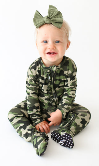 Posh Peanut Cadet Ruffled Zippered Footie, Posh Peanut, Camo Footie, Posh Custom Sale, Posh Peanut, Posh Peanut Cadet, Posh Peanut Cadet Ruffled Zippered Footie, Posh Peanut Cadet Zippered Fo