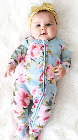 Posh Peanut Carolina Floral Ruffled Zippered Footie, Posh Peanut, Black Friday, Cyber Monday, Footie with Zipper, Posh Peanut, Posh Peanut Carolina Floral, Posh Peanut Carolina Floral Ruffle 
